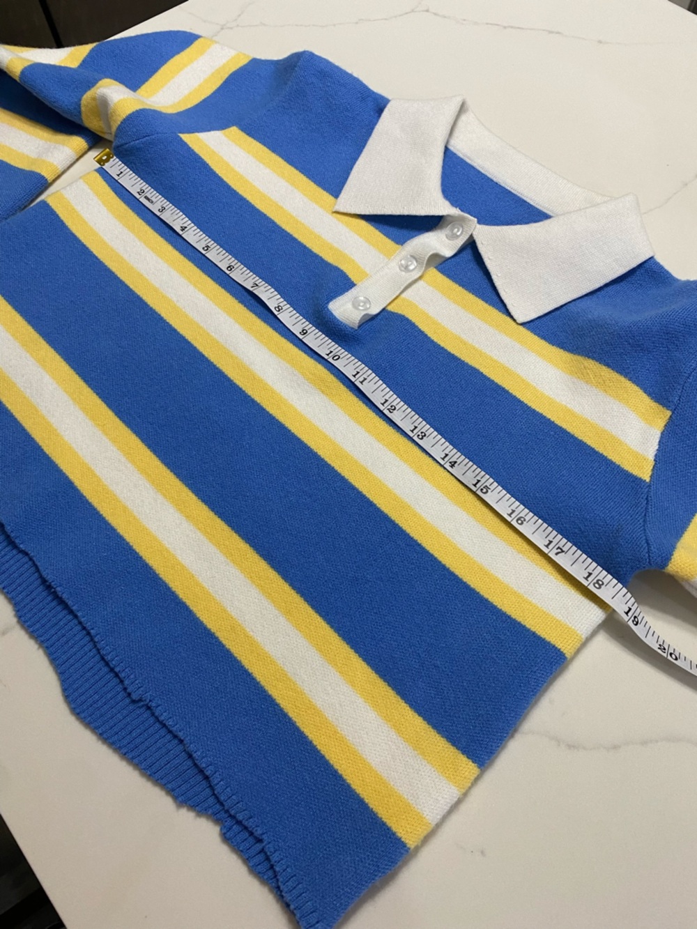 Woman’s Striped Crop Polo Top in Blue & Yellow SZ Medium - Picture 6 of 8